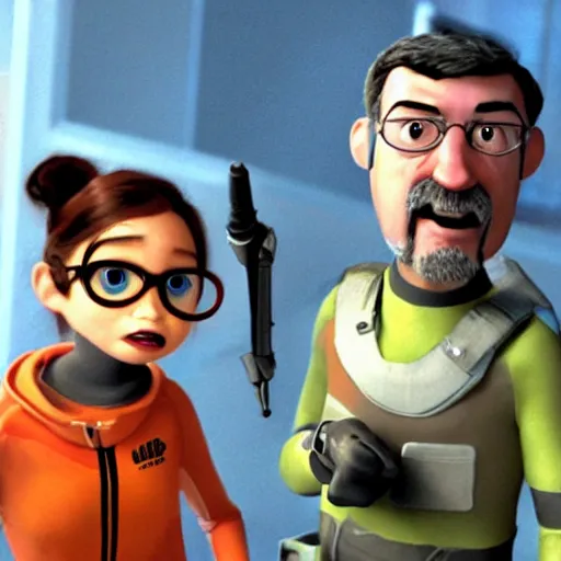 Image similar to pixar half - life 2 movie featuring gordon freeman and alyx vance