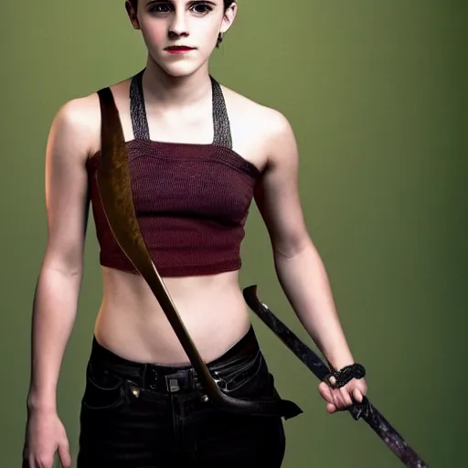 Image similar to emma watson with a sword fighting skinny nerds. photograph.