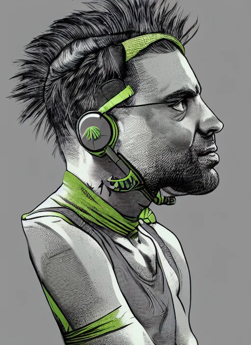 Prompt: portrait of a man with gray and green mohawk wearing a gray headset and brown tank top, gray and green mohawk, gray headset, brown tank top. art by martin ansin, martin ansin artwork. portrait.