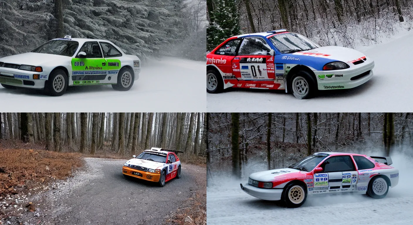 Prompt: a 2 0 0 2 mine's skyline, racing through a rally stage in a snowy forest