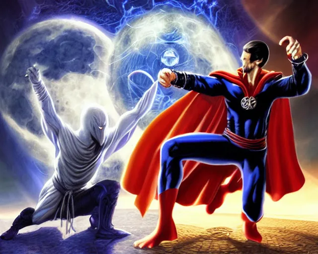 Image similar to fine realistic concept art of moon knight vs dr. strange, in the style of boris vallejo, digital art, photorealistic