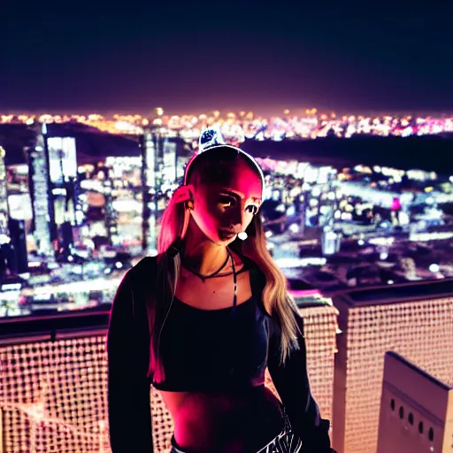 Image similar to photographic portrait of a streetwear woman, closeup, on the rooftop of a futuristic city overlooking a desert oasis at night, fireworks light up the night sky, sigma 85mm f/1.4, 4k, depth of field, high resolution, 4k, 8k, hd, full color