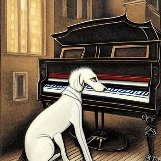 Image similar to Detailed art of a borzoi dog in a sharp suit playing a piano in a Gothic Mansion