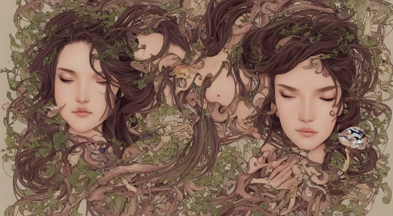 Image similar to a bio - mechanical pretty sleeping giant woman with mushrooms as camouflage, 4 k, ultra realistic, beautiful eyes!!, epic lighting, machines, high detail, masterpiece, trending on artstation by artgerm and akihito tsukushi!! and alphonse mucha, crayons!!!!!!!!!!!!!!!