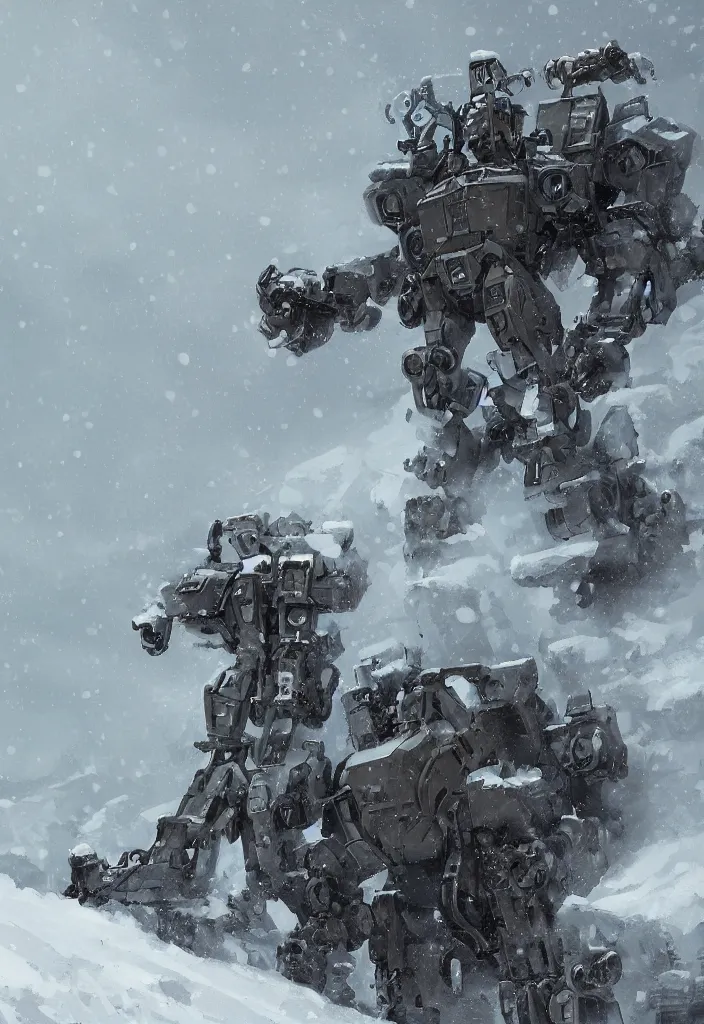 Prompt: Digital Art of a 1914 Mecha in the snow, Rozalski, trending on artstation