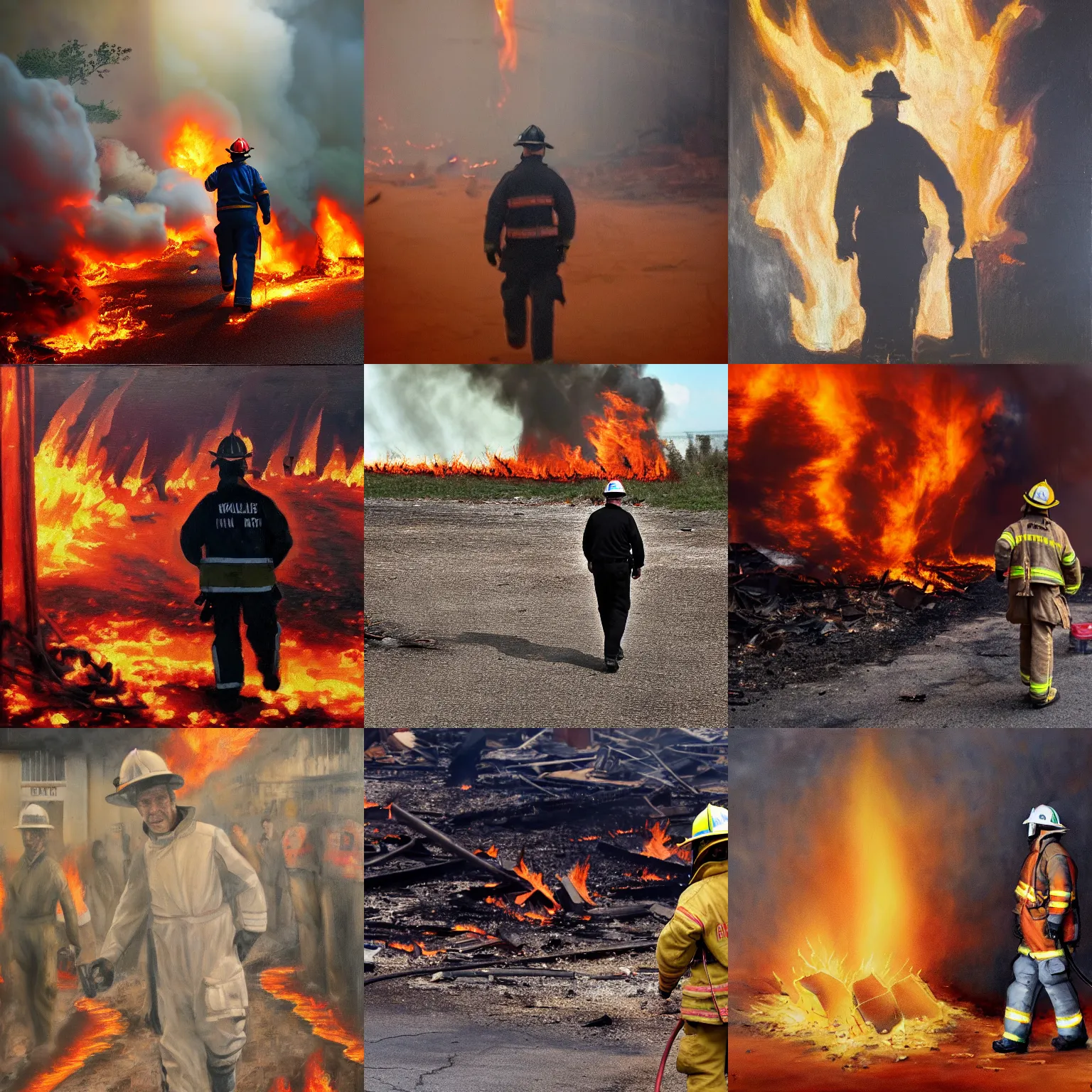 Prompt: Fire Marshal Bill walking away from an explosion, realism, 4k