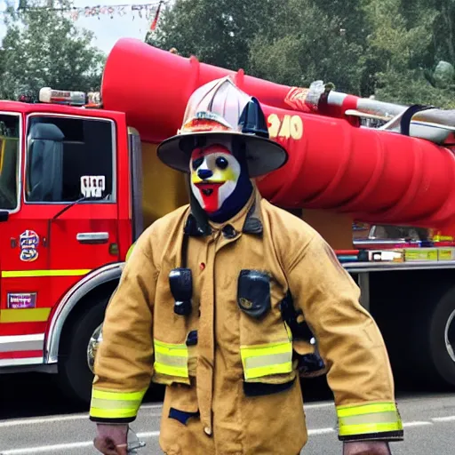 Image similar to a clown wearing firefighter clothes, using a flamethrower on a dumpster fire