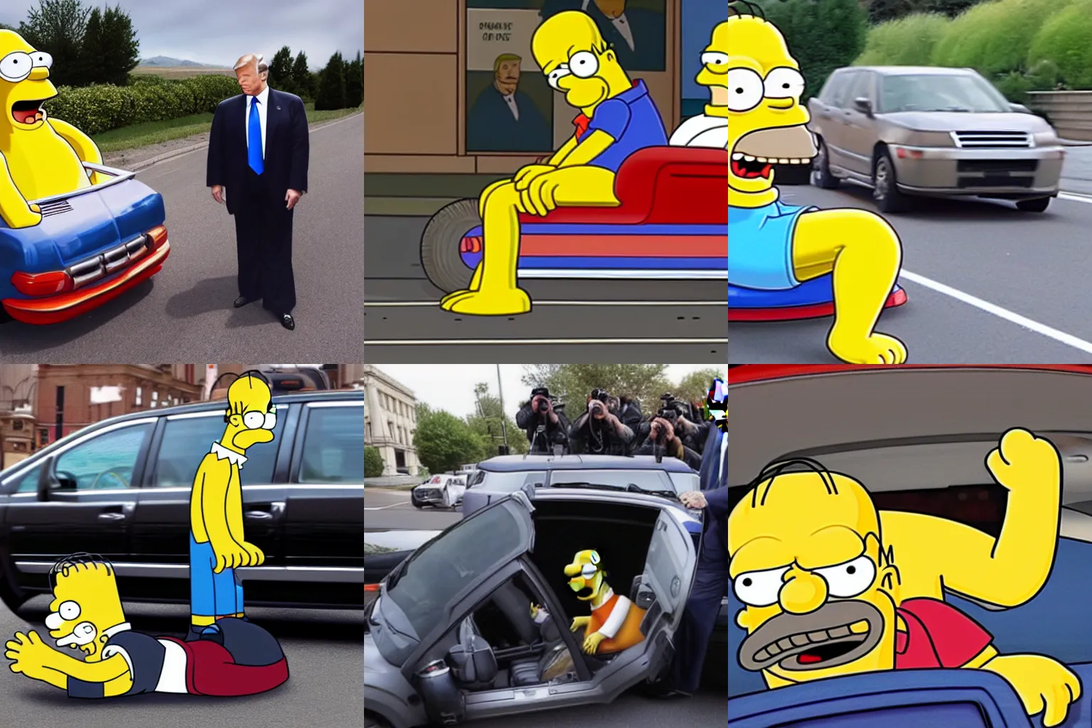 Prompt: Homer Simpson runs over Donald Trump in his car
