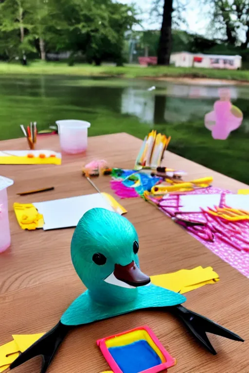 Image similar to a cute mallard duck at a summer camp, enjoying craft activities at the crafts table