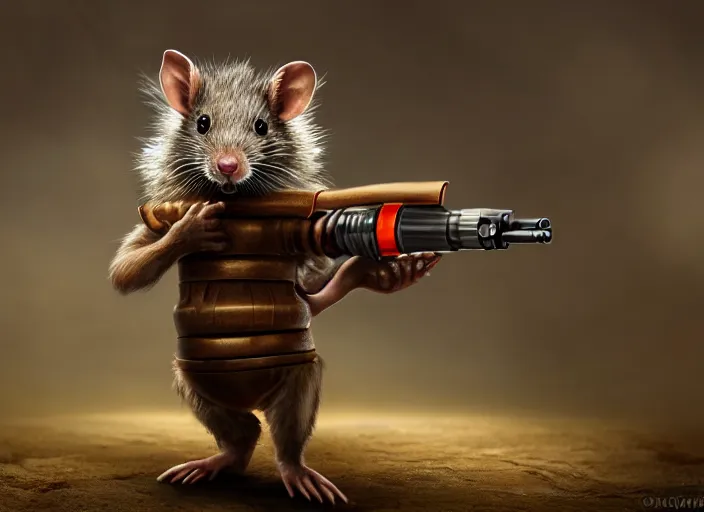 Prompt: portrait of small bipedal fantasy rat!! holding carrying alien science fiction fantasy gun weapon, barrel aimed at towards screen, cinematic, portrait, macro, from the new science fiction movie, 8 k, f 1. 8!!!