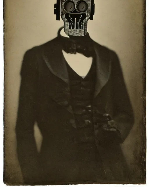 Prompt: portraits of anthropomorphic cyborg robot in Black tie suit by Louis Daguerre