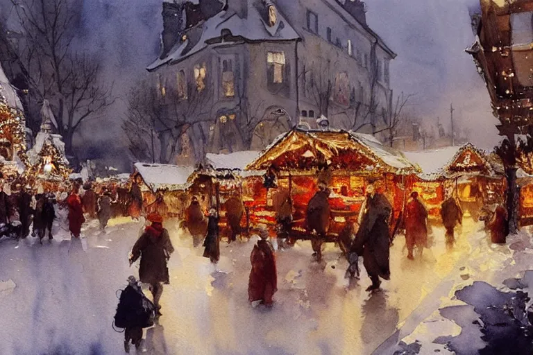Prompt: abstract watercolor painting of village str street, magic diamond crystal winter, traditional christmas market, cinematic light, national romanticism by anders zorn, by greg rutkowski, by greg manchess