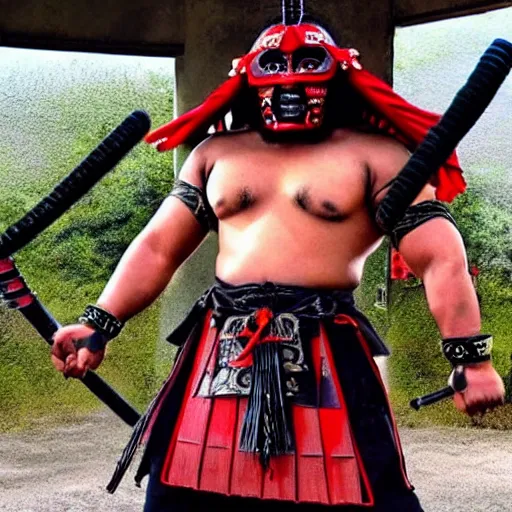 Image similar to big buff strong very buff samurai wearing an oni mask, movie still