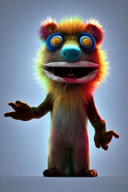 Image similar to 3 d model of adorable evil scary fur monster with glowing eyes by alexander jansson : 1 | centered, rainbow colored fur, matte background : 0. 9 | by jim henson : 0. 7 | dave melvin : 0. 4 | unreal engine, deviantart, artstation, octane, finalrender, concept art, hd, 8 k resolution : 0. 8