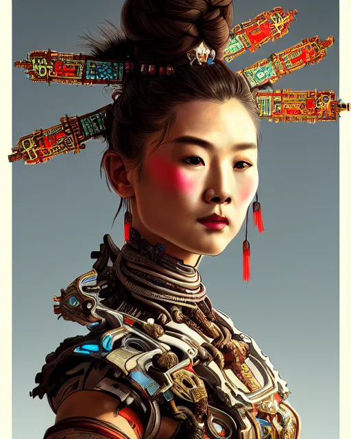 Prompt: portrait of a machine from horizon zero dawn, machine face, upper body, decorated with chinese opera motifs, asian, traditional chinese art, intricate, elegant, highly detailed, digital painting, artstation, concept art, smooth, sharp focus, illustration, art by artgerm and greg rutkowski and alphonse mucha, 8 k