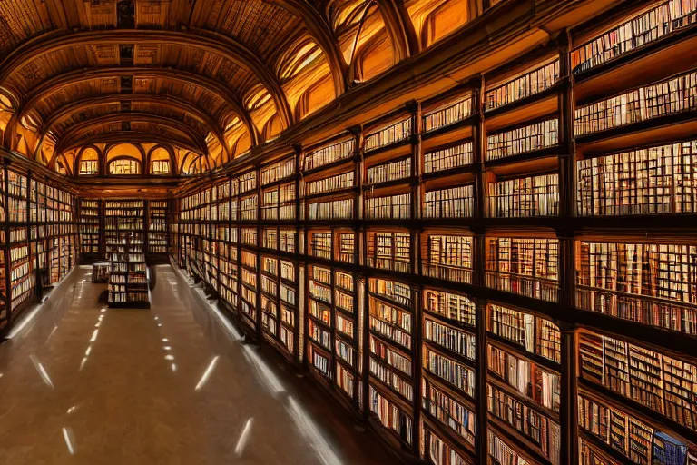 Prompt: interior architectual photo of a monumental great library hall with high ceiling, spiral shelves full of books, volumetric lighting, in the style of video game control