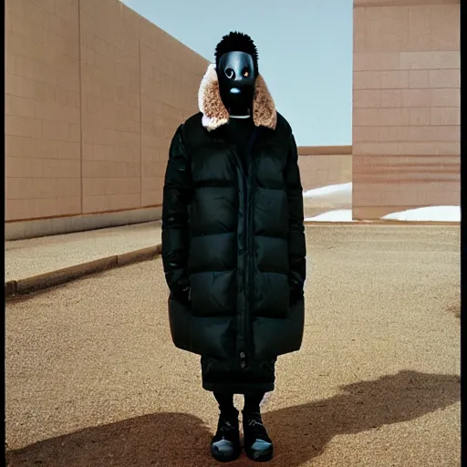 Prompt: realistic photoshooting for a new issey miyake lookbook, color film photography, portrait of a beautiful woman, model is wearing a puffer mask, in style of tyler mitchell, 3 5 mm,