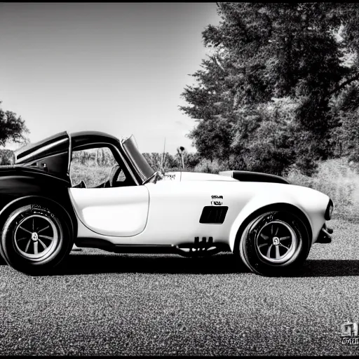 Prompt: a black and white high quality dreamy photo of a Shelby Cobra 427, highly detailed, Realistic, Refined, Digital Art, Cinematic Lighting, rim light, black and white, photo-realistic, 8K