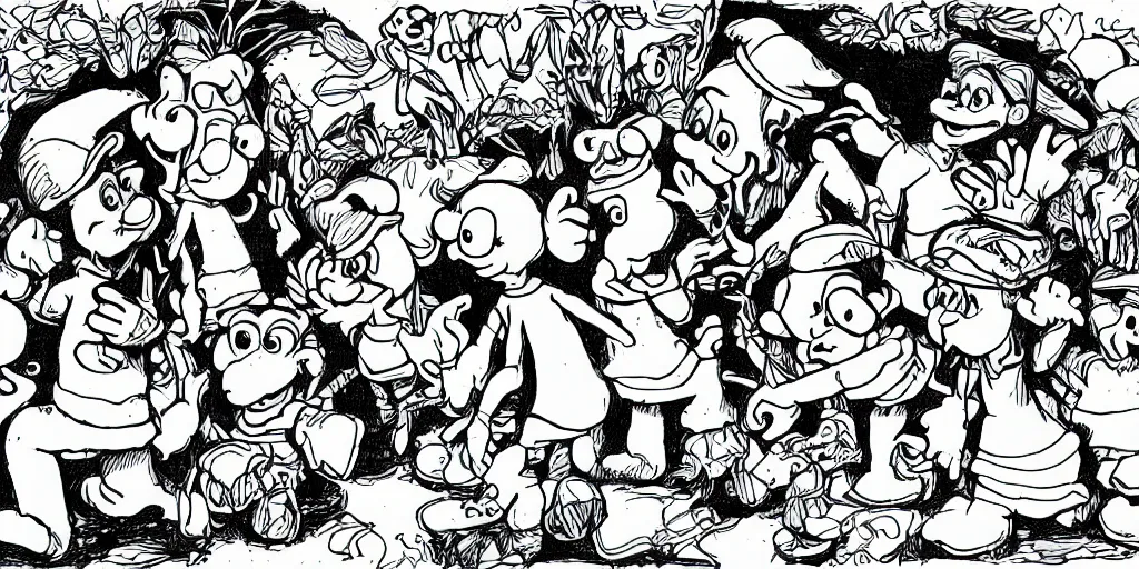 Image similar to smurfs and long whitr bones black and white, line art, pen & ink drawing