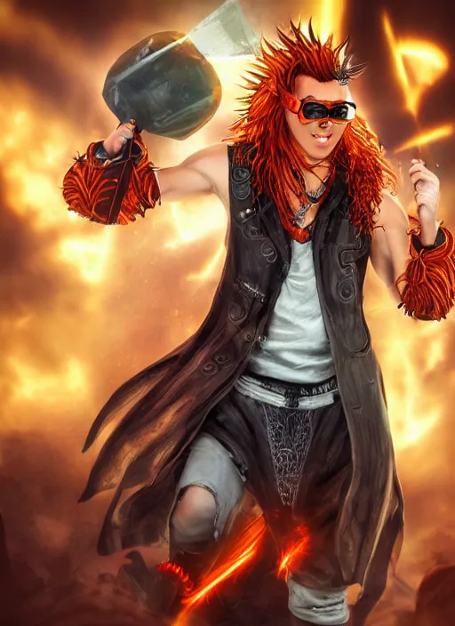 Prompt: An epic fantasy comic book style portrait painting of young man with red spiked long hair, using an orange lens googles. Wearing a black waistcoat, white shirt. He is with a vicious smile in face. Unreal 5, DAZ, hyperrealistic, octane render, cosplay, RPG portrait, dynamic lighting