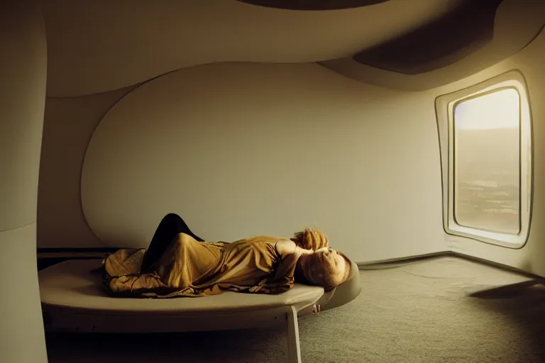 Image similar to fuji 5 0 r 3 5 mm, architectural studio magazine photography, woman sleeps in sci - fi spaceship interior, soft light, golden hour