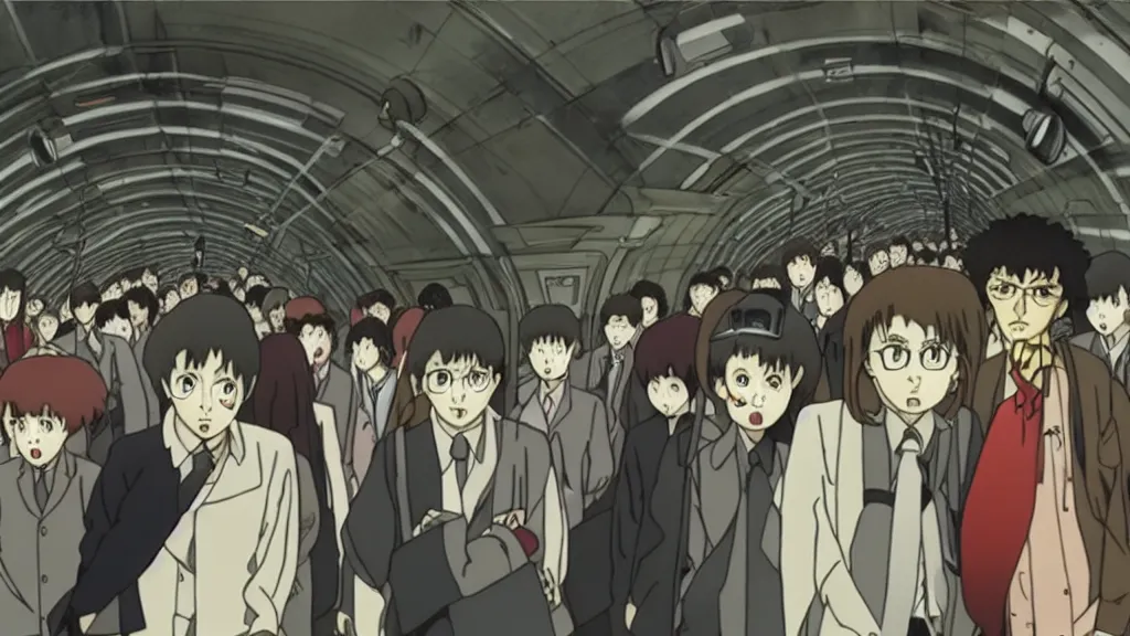 Image similar to horror movie about the london underground tube subway, anime film still from the an anime directed by katsuhiro otomo with art direction by salvador dali, wide lens