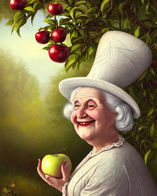 Image similar to highly detailed closeup, fat shiny ceramic white hair old happy woman dressed in victorian hat, clothes looking forward, full face view in front of an apple tree, hyperrealistic, artstation, illustration, nicoletta ceccoli, mark ryden, lostfish, dan decarlo, bob clampett, max fleischer, matte paint, vivid colors