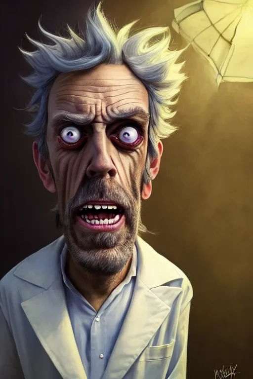 Image similar to Hugh Laurie as crazy genius Rick Sanchez from Rick and Morty, unibrow, white robe, big eyes, realistic portrait, symmetrical, highly detailed, digital painting, artstation, concept art, smooth, sharp focus, illustration, cinematic lighting, art by artgerm and greg rutkowski and alphonse mucha