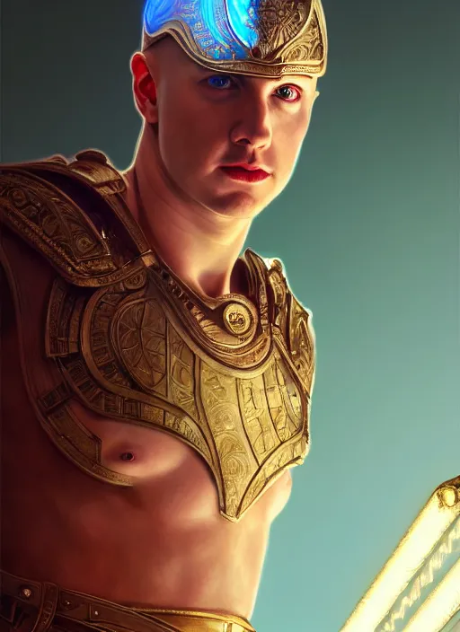 Image similar to the pale blond male praetorian centurion lucius smirking, sci fi, glowing eyes, volumetric lights, red and cyan theme, art nouveau botanicals, intricate, highly detailed, digital painting, artstation, concept art, smooth, sharp focus, cinematic, illustration, beautiful face, art by artgerm and greg rutkowski and alphonse mucha