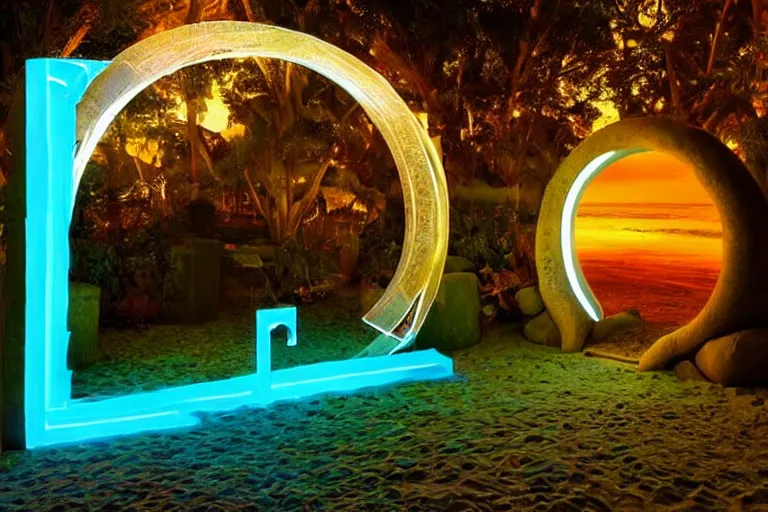 Image similar to a magical glowing portal in the middle of a city that leads to a beach, through the portal you can see a beach, realistic