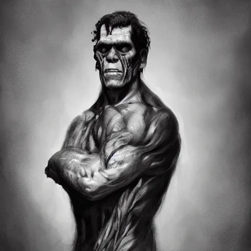 Prompt: black and white, portrait of frankenstein, scarred, in a suit, fantasy art, art by greg rutkowski, matte painting, trending on artstation