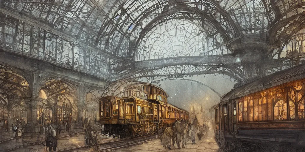 Prompt: a hiper intricate watercolor of a beatiful steampunk train station, intricate, highly detailed, digital painting, artstation, concept art, extremely detailed, sharp focus, wide view, smooth, digital illustration, colorfull, by william turner art, by greg rutowski, by carl larson, by edmund dulac