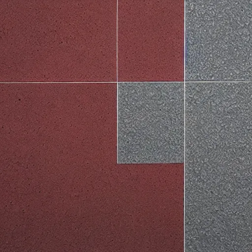 Image similar to material sample board combining concrete, red painted metal, oak, plants, dark grey carpet, architectural finishes