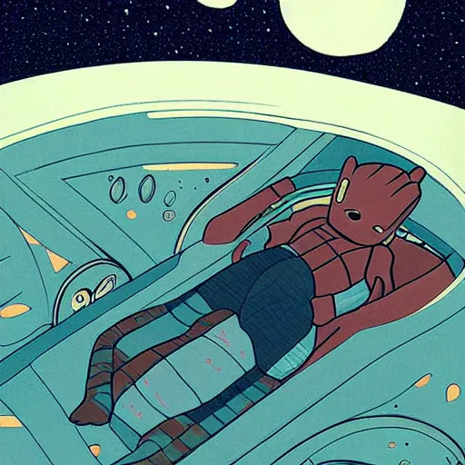 Image similar to baby groot lies flat in bed the space ship, by victo ngai