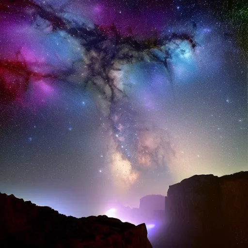 Image similar to waterfall across nebula milky way