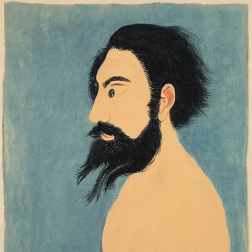 Image similar to A beautiful painting of a self-portrait of the artist. He is shown with his head turned to the left, looking at the viewer. His hair is wild and his eyes are wide open. His right hand is raised, as if he is pointing at something. caput mortuum, cyanotype, avant-garde by Fenghua Zhong, by Hajime Sorayama