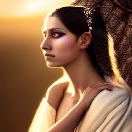 Image similar to photographic portrait of a stunningly beautiful renaissance female in traditional hopi dress, white irises and dark eye makeup, in soft dreamy light at sunset, god rays, contemporary fashion shoot, by edward robert hughes, annie leibovitz and steve mccurry, david lazar, jimmy nelsson, extremely detailed, hyperrealistic, perfect face, octane render