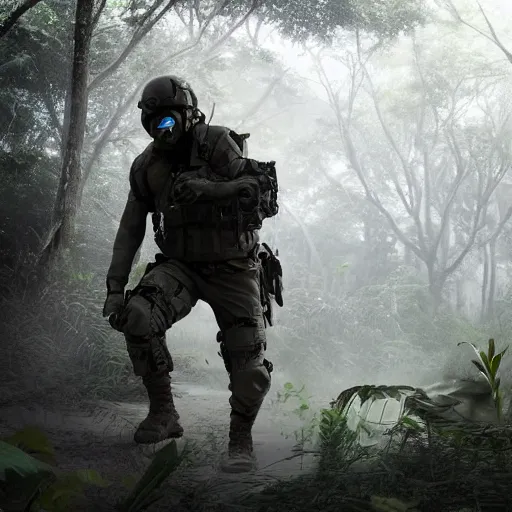 Image similar to Mercenary Special Forces soldier in light grey uniform with black armored vest and helmet launching an ambush attack in the jungles of Tanoa, combat photography by Feng Zhu, highly detailed, excellent composition, cinematic concept art, dramatic lighting, trending on ArtStation