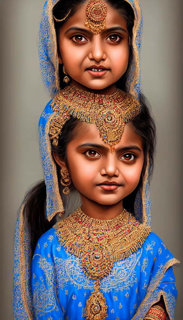 Prompt: highly detailed full body portrait of photo of south asian girl in traditional wear, studio portrait, grey colored eyes, blue colored traditional wear, photo by jerry ghionis, hyper realistic, concept art, 8 k detail post - processing