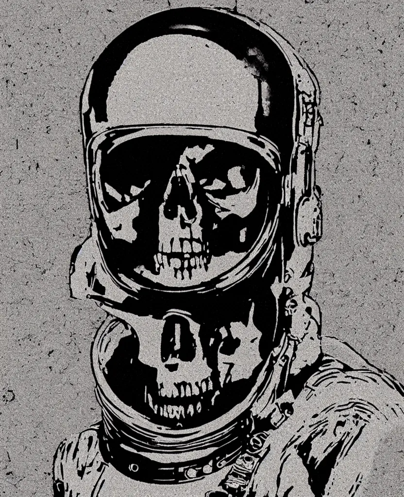 Prompt: a skull thinking in an astronaut suit, 3 d hd andy warhol vintage style, brutalist primitivism expressionism, texture emotion memento mori, posterized, miniature effect diorama, 3 5 mm grainy film