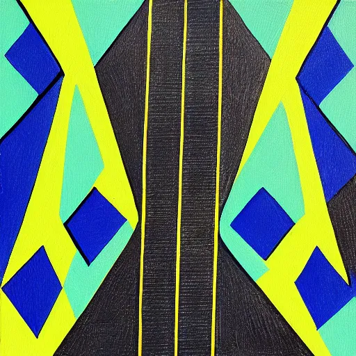 Prompt: painting of rectangle, triangle shapes ( blue, yellow, green ) divided by black lines