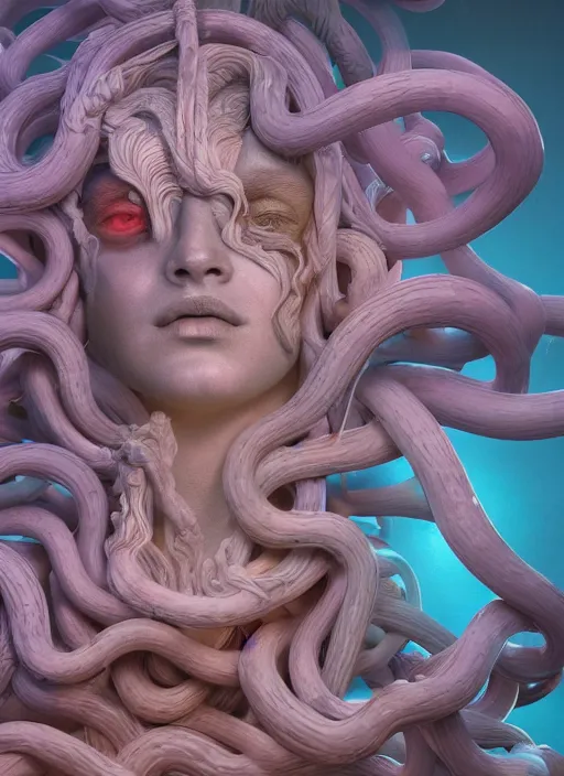 Image similar to medusa made of soft wax, wooden art nouveau swirls, strong subsurface scattering, cables, tubes, subsurface scattering, in the style of ruan jia and beeple and giger, subsurface scattering, mystical colors, rim light, dramatic lighting, 8 k, stunning scene, raytracing, octane render, trending on artstation