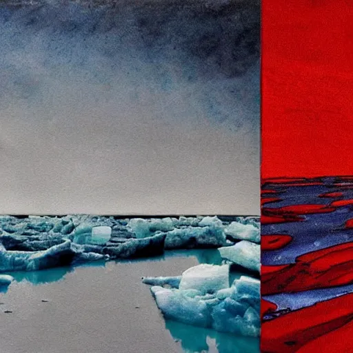 Prompt: horrific painting of an ice floe meeting magma!!!!!! in the middle, in the style of vintage photography, textured, skewed perspective, last photo ever taken, apocalyptic event, red color palette on left side and blue color palette on right side, cursed and sinister tone