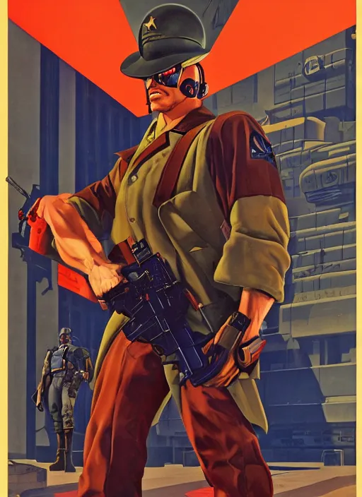 Image similar to american propaganda poster. cyberpunk mercenary. portrait by jean giraud and anton otto fischer and john philip falter and will eisner and gil elvgren. realistic proportions. tf 2, overwatch.