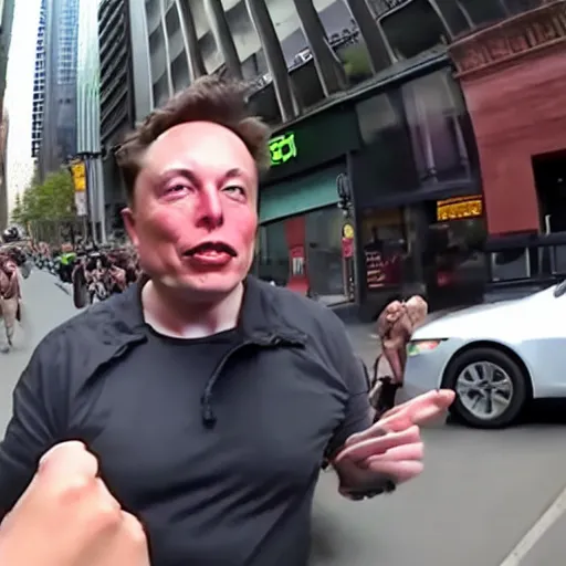 Image similar to bodycam footage of a homeless elon musk going crazy and scamming people, new york streets, wide angle, fisheye, uhd, 4 8 0 p, bodycam, paparazzi, bad quality, pov