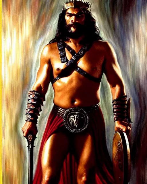 Prompt: beautiful portrait oil painting, jason momoa conan the barbarian standing in a dungeon wearing a crown and royal crimson spartan armor enthroned as the god emperor of ancient rome, action pose, frank frazetta, boris vallejo, greg rutkowski, beautiful cinematic light, american romanticism, by thomas lawrence, greg rutkowski