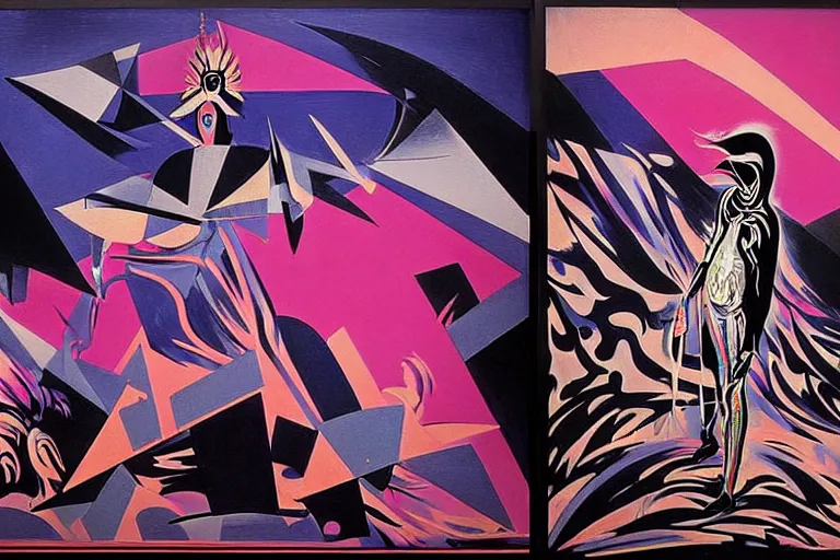 Image similar to a beautiful masterpiece painting of the technomancer wizard in dazzle camouflage robes with pointed hoods and his ai djinn performing psychic television on a crt tv by remedios varo and anato finnstark and greg rutkowski and andy warhol and francis picabia, dayglo pink, dayglo blue, dazzle camouflage, glowing, pearlescent white, raven black