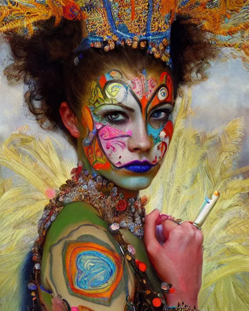 Image similar to a beautiful girl at carnival wearing colourful face paint surrounded by colourful intricate patterns, by edgar maxence and caravaggio and michael whelan, intricate painting, hyper realistic, extremely detailed and beautiful aesthetic face, 8 k resolution