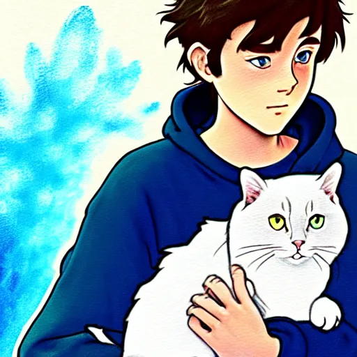 Image similar to teen boy with brown hair and big blue eyes, wearing a hoodie, holding a fluffy white persian cat, natural lighting, path traced, highly detailed, high quality, cartoon, digital painting, by don bluth and ross tran and studio ghibli and alphonse mucha, watercolor background