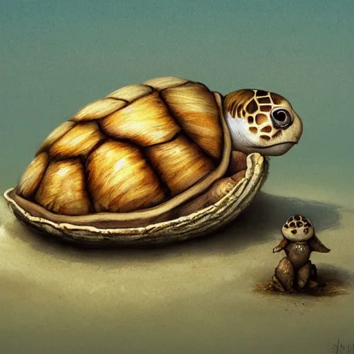 Image similar to soulful long shot of a very cute furry turtle baby nesting in a shell, by esao andrews, by james jean, by m. w. kaluta, very humorous illustration, big depth of field, perspective perception, volumetric light, warm cosy colors, night scenery, low light, unreal engine 5, 8 k, conceptart, hyperdetailed, hyperrealistic, trending on artstation